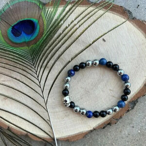 Handmade Hematite + Lapis Lazuli + Black Obsidian Skull Bracelet💀💙